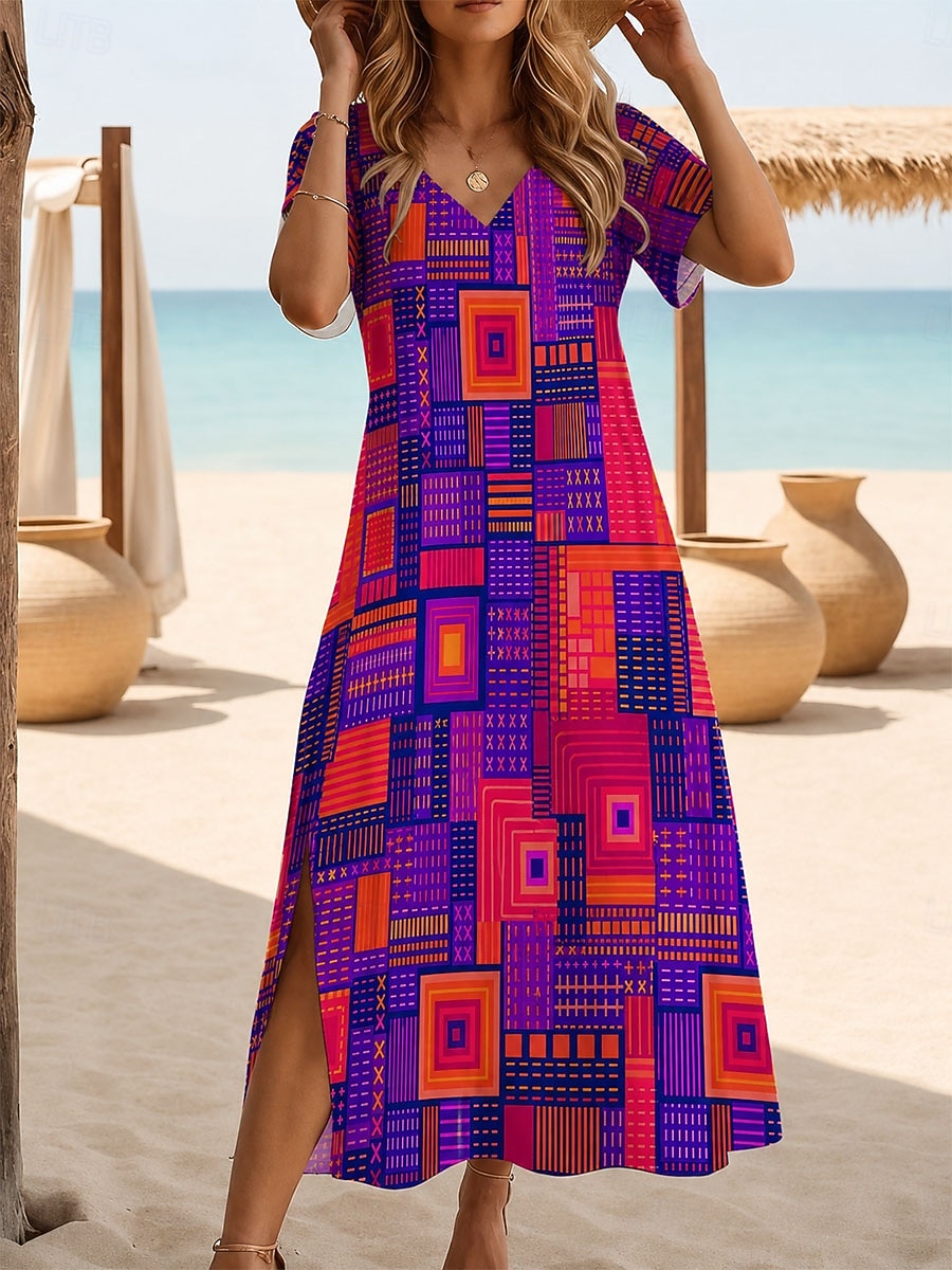 Per donna Abito maxi Abito a trapezio Casual Ferie Data Vestibilità regolare Floreale Grafico Leopardo Manica Corta Scollo a V Blu Rosso Viola Blu scuro Estate Primavera del 2026 a $28.99 –P4