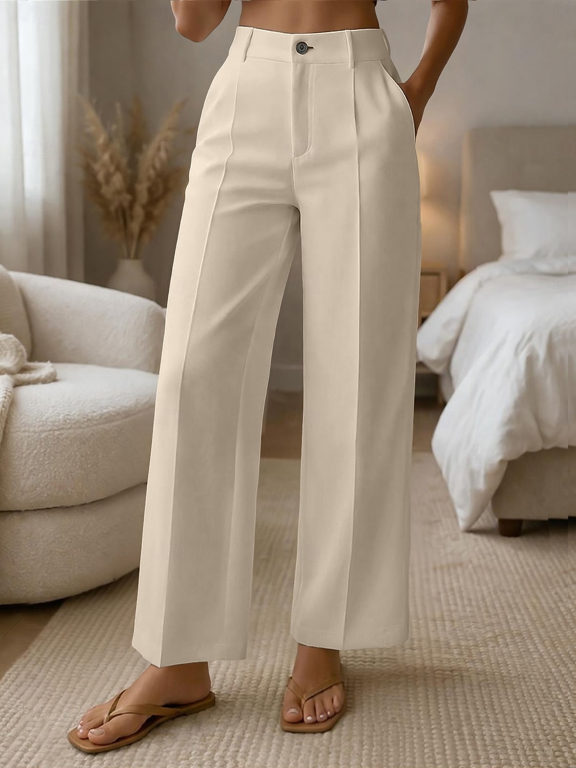 Mulheres Perna larga Calças Social Calça casual Moda Roupa de rua Básico Comprimento total Cintura Alta Tecido Bolsos Cintura elástica Confortável Sem Elasticidade Diário Escritório Férias Verde de 2026 por $10.99 –P5