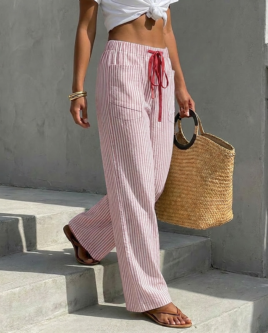 Women's Wide Leg Chinos Vacation Fashion Casual Daily Full Length Mid Waist Striped Comfort Inelastic Vacation Formal Blue Black Almond Red Summer Spring Loose Fit 2026 - $32.99 –P4