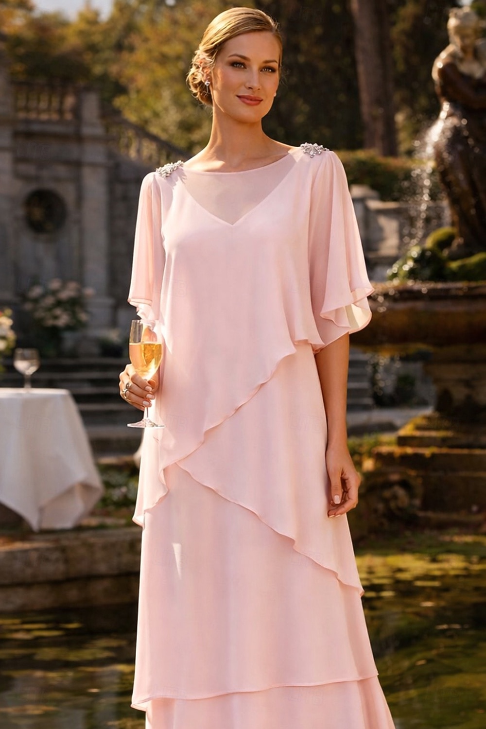 Linea ad A Lunghezza al pavimento Abito da invitata a nozze Abito Formale Abito a Strati Abito da cerimonia per signora Mezza Manica Girocollo Elegante Formale Ospite di nozze Chiffon con Volant del 2026 a $183.99 –P3