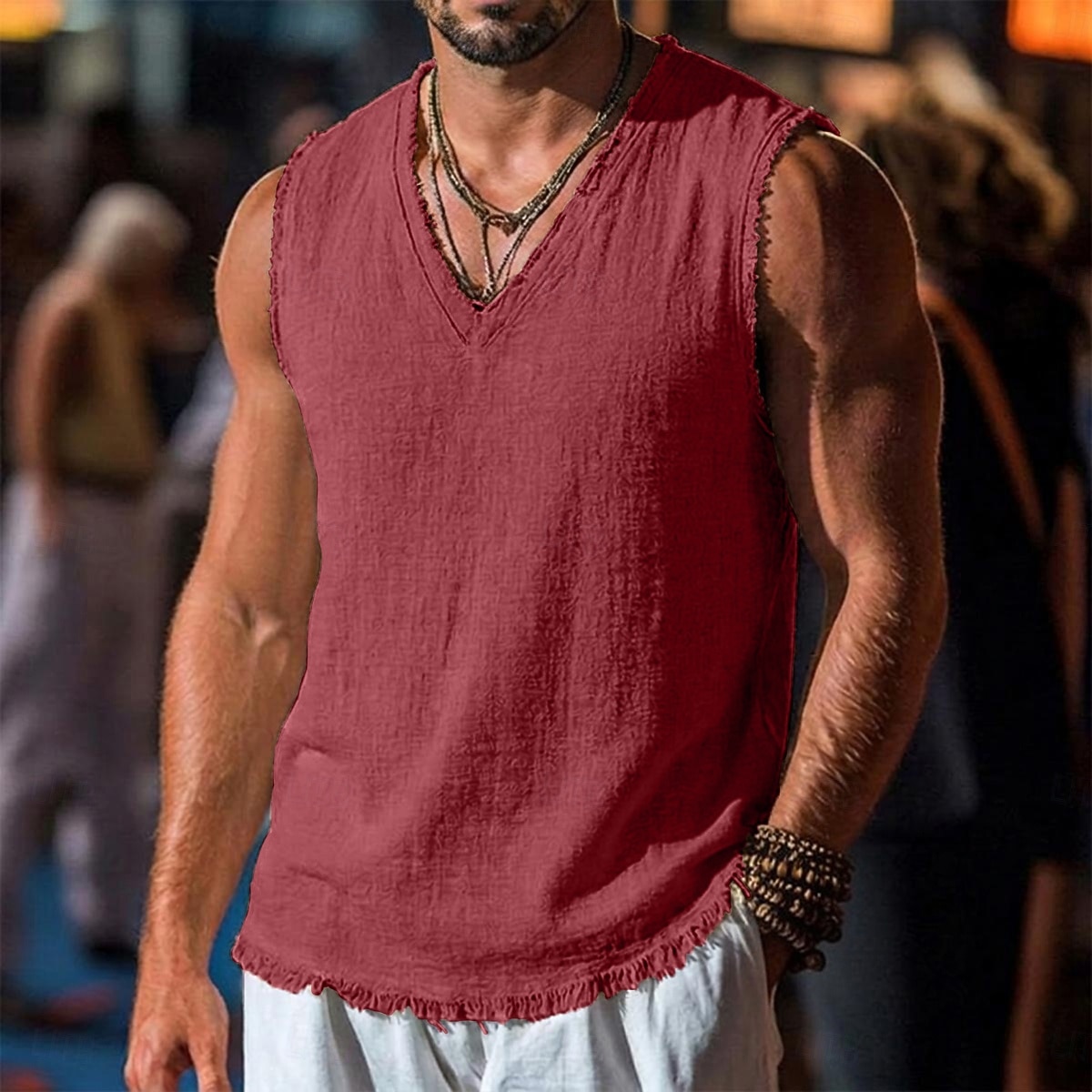 Men's Linen Tank Top Sleeveless Shirt Sleeveless V Neck Spring & Summer Summer Plain Fashion Designer Basic Soft Raw Edge Casual Beach Vacation Blue Black Red Top Tee for Men 2026 - $19.99 –P6