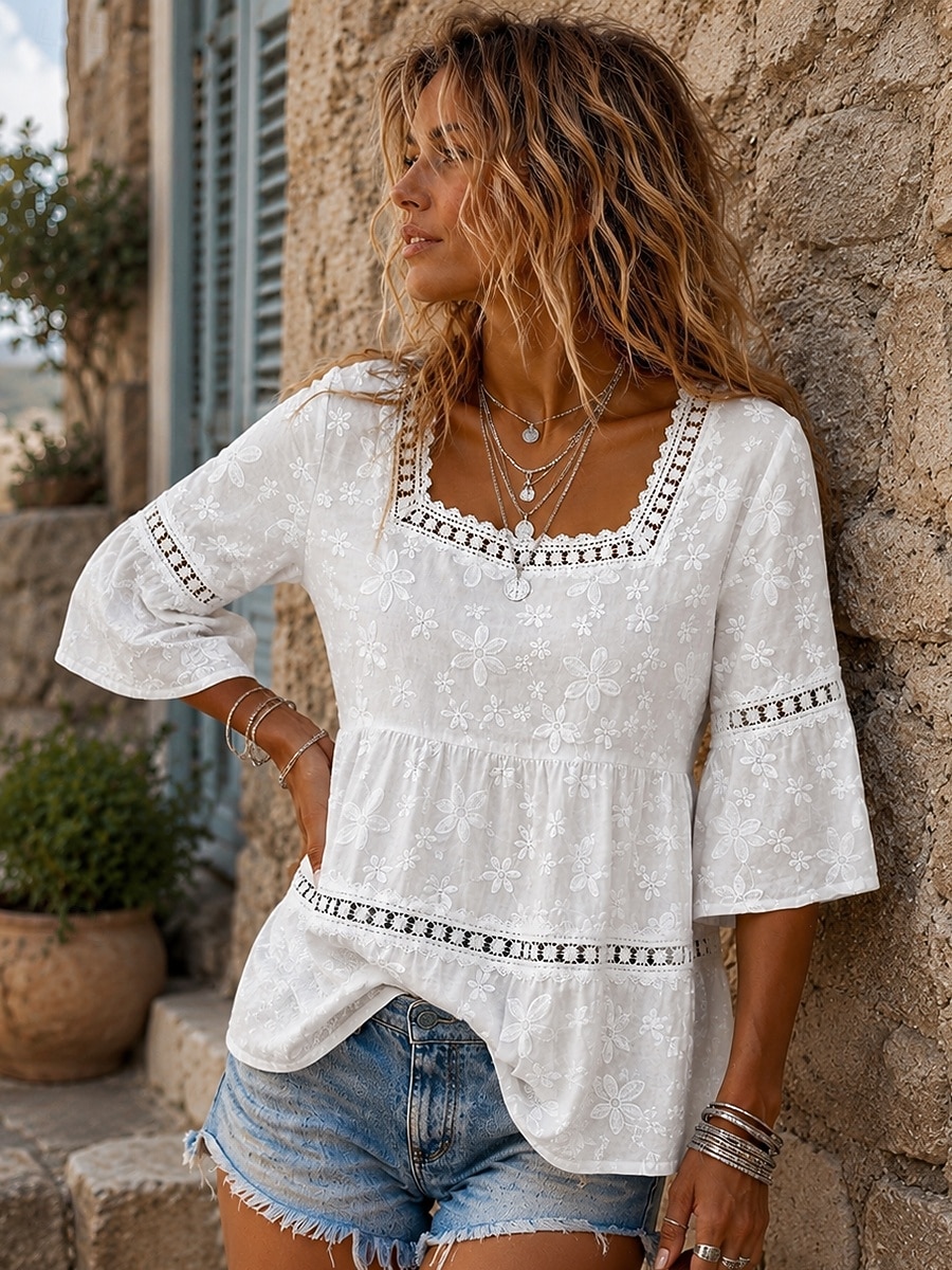 Women's Lace Splicing Top Ruched Texture Ruffle Elegant 3/4 Length Sleeve Square Neck Casual White Summer Spring 2026 - $33.99 –P4