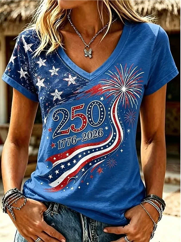 Camiseta patriótica del 250 aniversario de mujeres con impresión gráfica de bandera letras vintage estilosa clásica de manga corta cuello en V regular moda diaria azul blanco negro rojo verano 2026 - $21.99 –P3