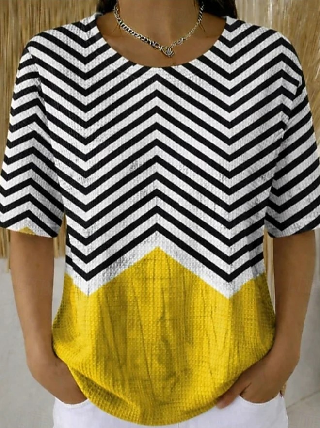 Femmes Tee-shirt Gaufre Tops tricotés texturés Graphique Géométrique Rayé Élégant Classique Manche Courte Col ras du cou Hauts Réguliers Occasionnel Quotidien Bleu Jaune Marron clair Orange Ét de 2026 ? $21.99 –P7