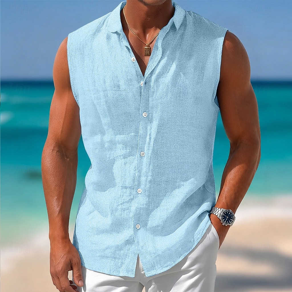 Men Shirt Linen Shirt Summer Shirt Beach Wear Button Up Shirt Plain Casual Daily White Pink Light Blue Sleeveless Collar Summer Spring Clothing Apparel 2026 - $21.99 –P1