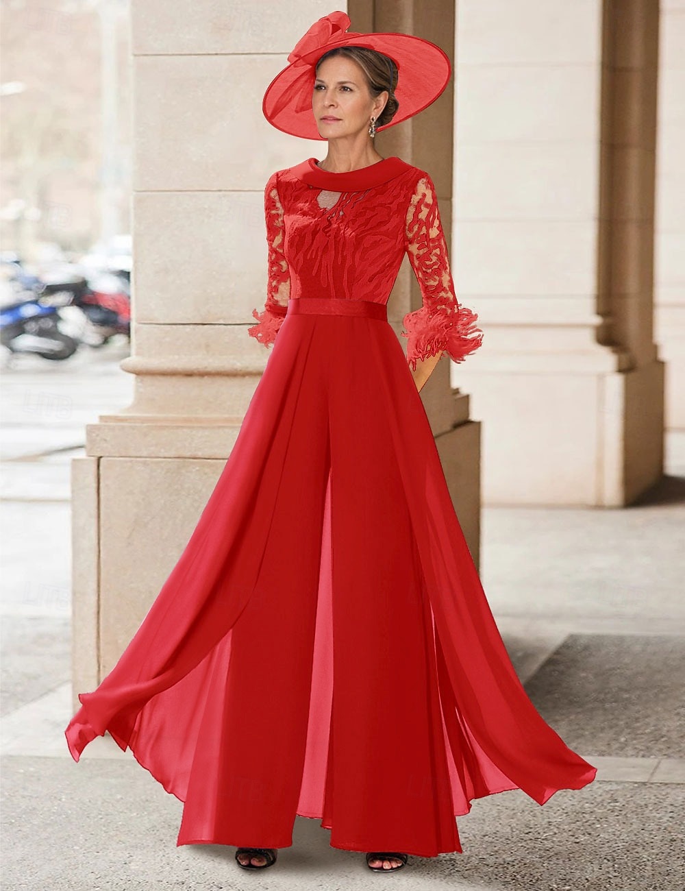 Tuta Completo Pantalone Lunghezza al pavimento Abito da cerimonia per signora Mezza Manica Collo gioiello Elegante Vintage Ospite di nozze Chiesa Chiffon con Piuma Paillettes Applicazioni del 2026 a $195.99 –P6