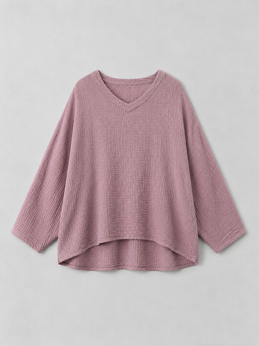Leinenbluse für Damen mit langen Ärmeln, asymmetrischem Saum und V-Ausschnitt im Vintage-Stil, gelb, lila und beige, Herbst/Winter 2026 - $45.99 –P4