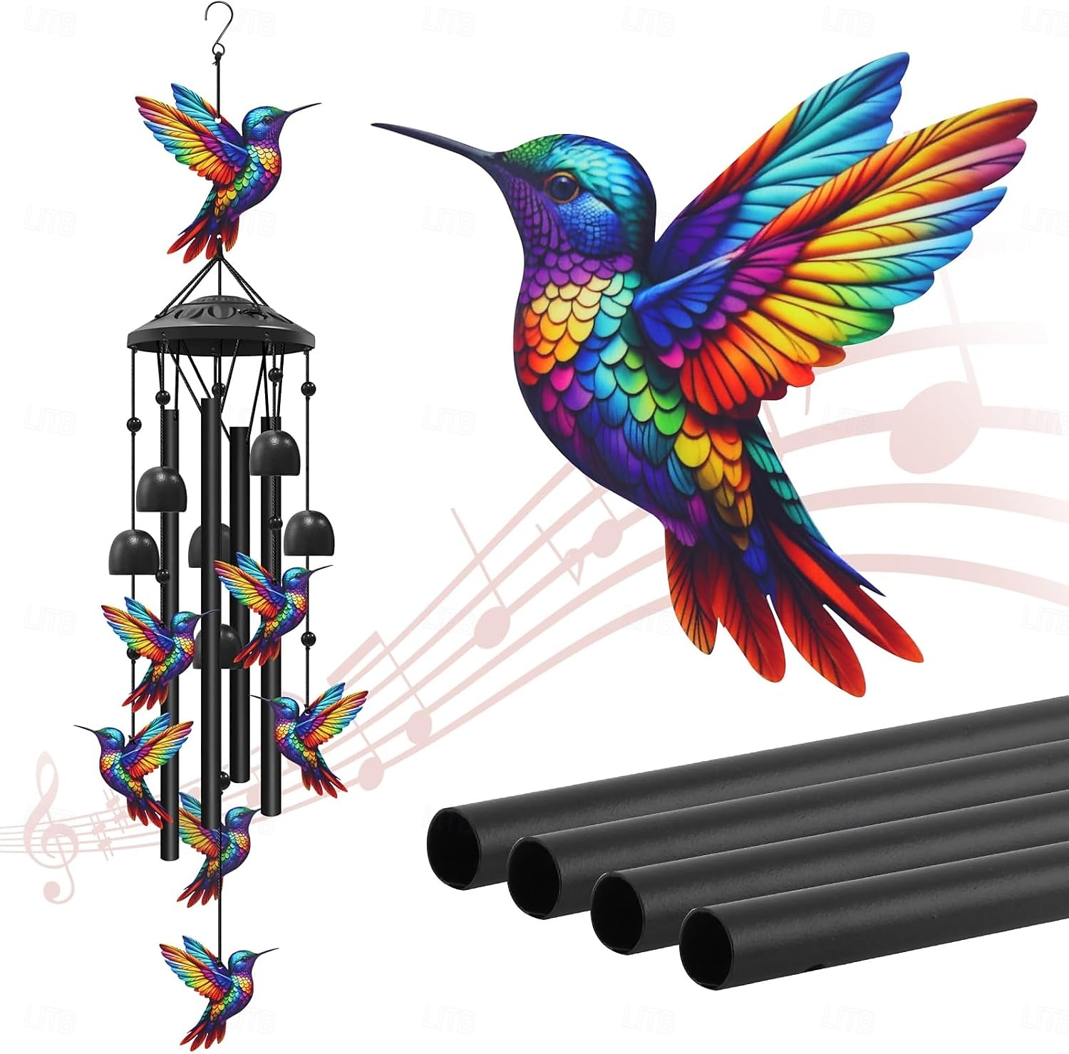 Buntes Vintage-Windspiel mit Kolibri-Motiv für draußen, schwarzes Metall-Windspiel für den Außenbereich, Geschenkideen für Frauen und Männer, Garten- und Hofdekoration, Erinnerungs- oder 2026 - $26.99 –P1