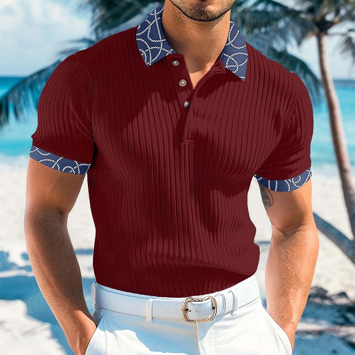 Men's Rib Knit Top Textured Work Casual Lapel Ribbed Polo Collar Short Sleeve Basic Modern Color Block Buttons Knitted Summer Spring & Summer Slim Fit White Burgundy Navy Blue Light Blue Gray Rib 2026 - $12.49 –P3