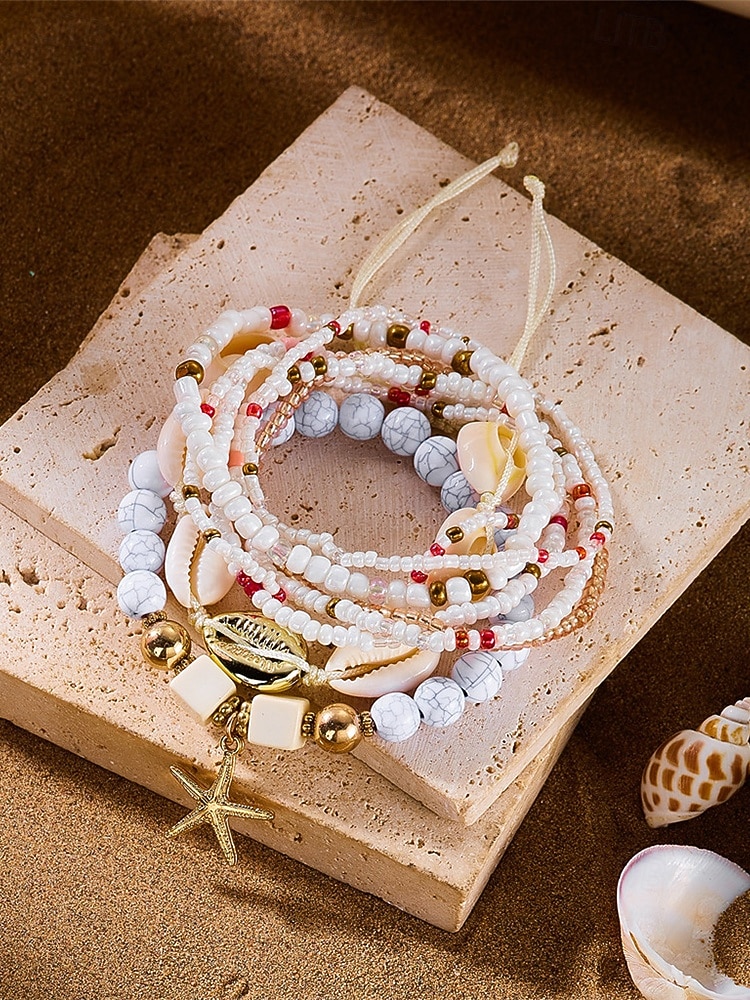 Conjunto de pulseiras femininas boho em camadas com 8 peças, pingente de estrela-do-mar e concha, em liga dourada, multifilamento, perfeitas para usar na praia, férias de verão e viagens. de 2026 por $11.99 –P8