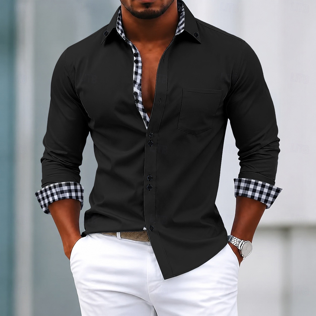 Men's Shirt Dress Shirt Button Down Shirt Non Iron Shirt Color Block Casual Daily Light Pink Light Blue Black White Long Sleeve Turndown All Seasons Clothing Apparel Patchwork 2026 - $32.99 –P7