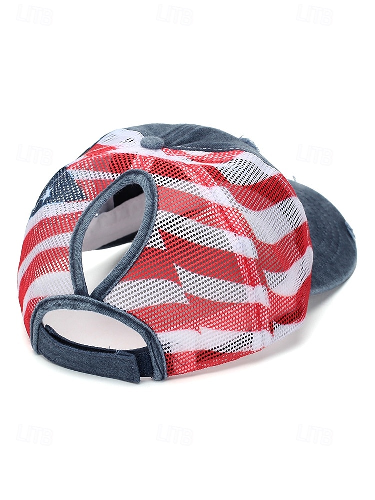 Boné de beisebol feminino patriótico com abertura para rabo de cavalo, algodão lavado. &Boné trucker ajustável em tela, boné de verão multicolorido com a bandeira dos EUA para o 4 de julho, boné para de 2026 por $14.99 –P8