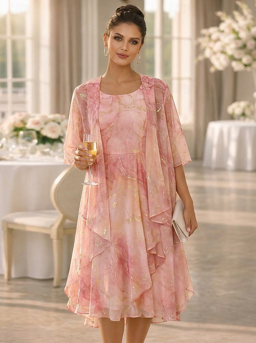 Due Pezzi Linea ad A Lunghezza al ginocchio Abito da invitata a nozze Largo Abito da cerimonia per signora Mezza Manica Scollo Tondo Elegante Semplice Casual Formale Ospite di nozze Ferie Chiffon Con del 2026 a $148.99 –P8