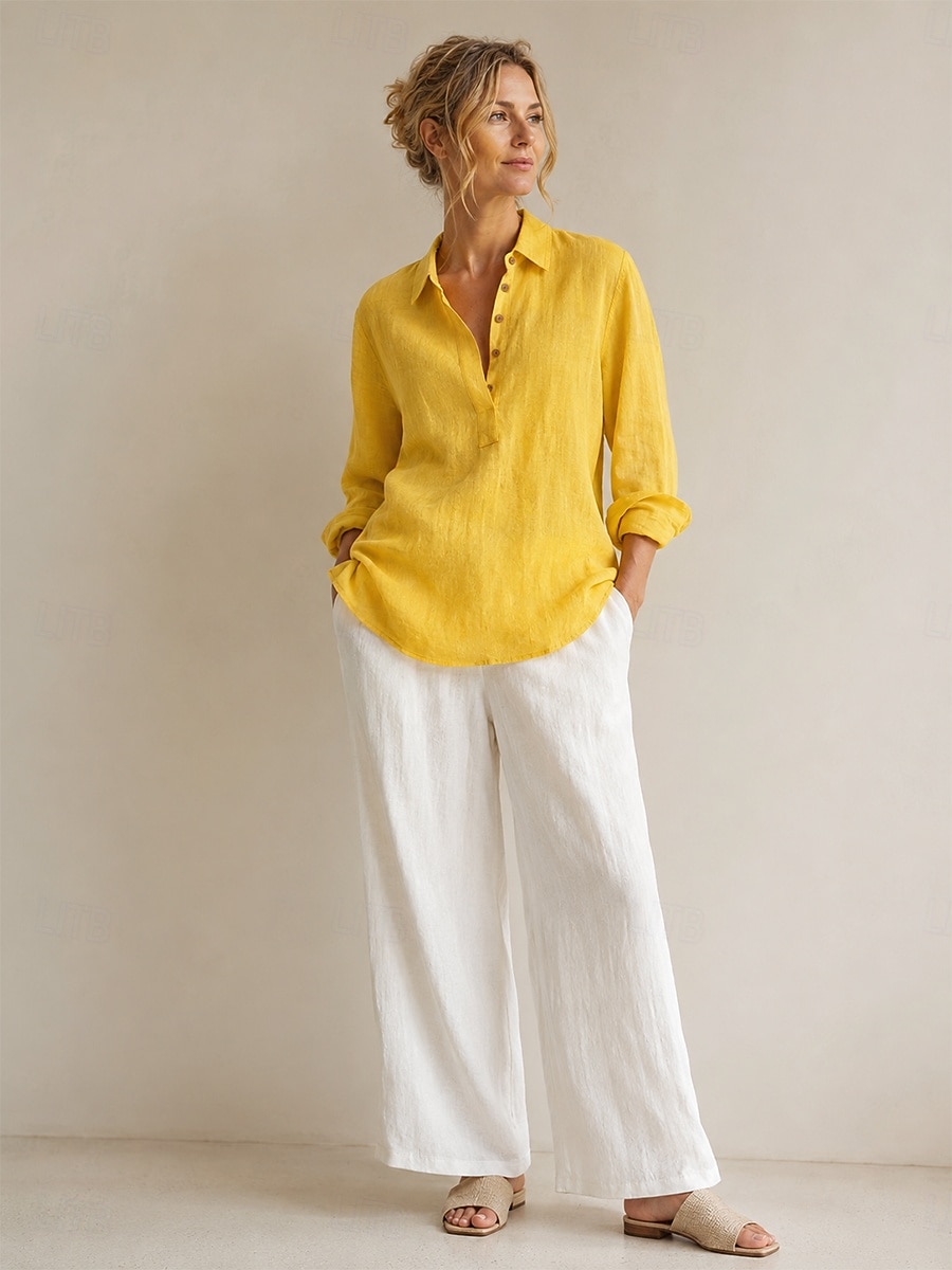 Camicetta da donna 100% lino europeo a maniche lunghe, scollo a V, colletto, tinta unita, elegante casual, blu, bianco, giallo del 2026 a $49.99 –P2