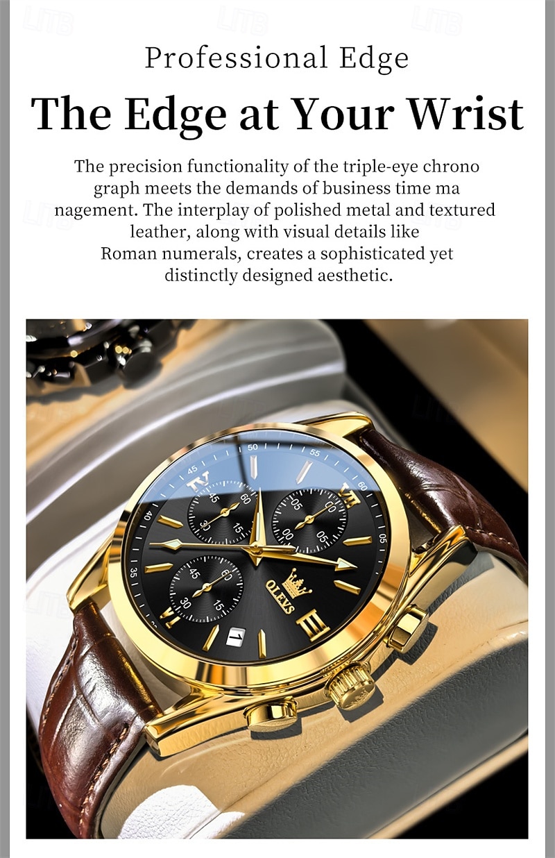 OLEVS Men's Luxury Watch Black Leather Strap Chronograph Waterproof Luminous Analog Quartz Wristwatch with Date Business Fashion Dress Watches for Men Gifts 2026 - $42.99 –P3