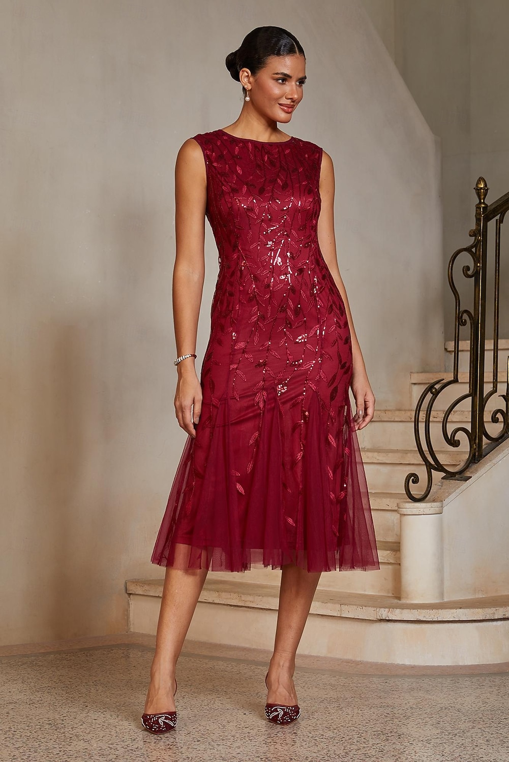 Women's Mermaid Trumpet Cocktail Dress Wedding Guest Dress Tea Length Boat Neck Sleeveless Elegant Vintage 1980s Mother Of The Bride Party Semi Formal with Mesh Glitter Embroidery Flared Tulle Hem 2026 - $119.99 –P3