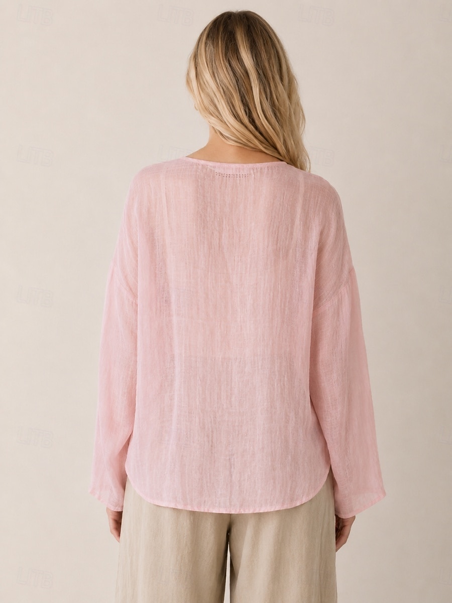camicetta da donna 100% lino a maniche lunghe con bottoni, girocollo, vestibilità regolare, stile vintage, ideale per le vacanze, disponibile nei colori nero, rosa, rosso e verde, per l'estate e la primavera. del 2026 a $52.99 –P2