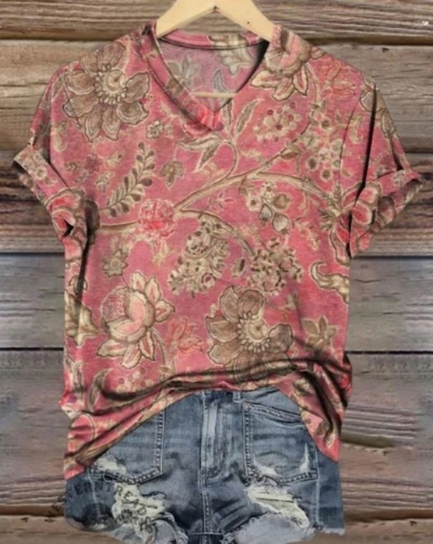 Per donna Maglietta Stampato Floreale Grafico Piante Essenziale Manica Corta Scollo a V Top Regolari Casuale Weekend Rosa Rosso Arcobaleno Estate Primavera Autunno Inverno del 2026 a $21.99 –P2