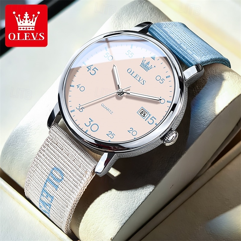 Olevs dameshorloge in roze, schattig analoog quartz polshorloge met datumweergave, casual modieus meisjeshorloge met ademende nylon band, waterdicht tot 30 meter, verjaardagscadeau voor tienermeisjes 2026 - $35.99 –P11