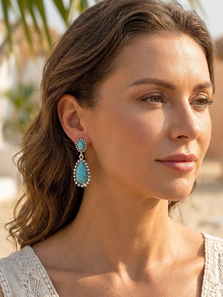 Women's Boho Teardrop Turquoise Earrings, Vintage Alloy Drop Earrings, Western Southwestern Statement Jewelry, Summer Fashion Gift for Her 2026 - $9.99 –P2