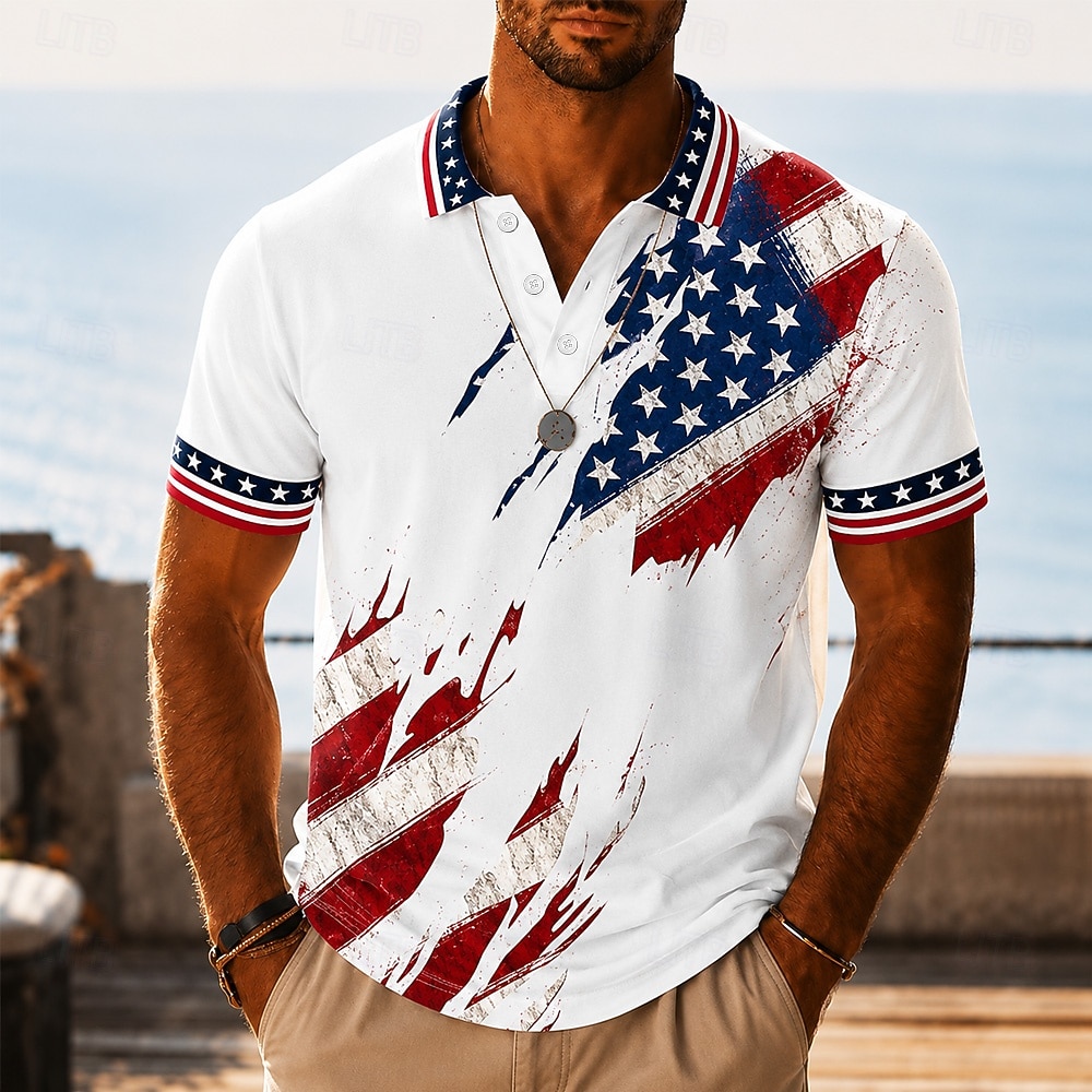 2026 250. Męskie koszulki polo z amerykańską flagą USA Krótki rękaw Koszule polo z kołnierzykiem Casual Athleisure Ubranie na festiwal 3D Druk Guziki Oddychająca Siatka Wiosna i Lato Biała 1 Biała 2 2026 - $21.99 –P2