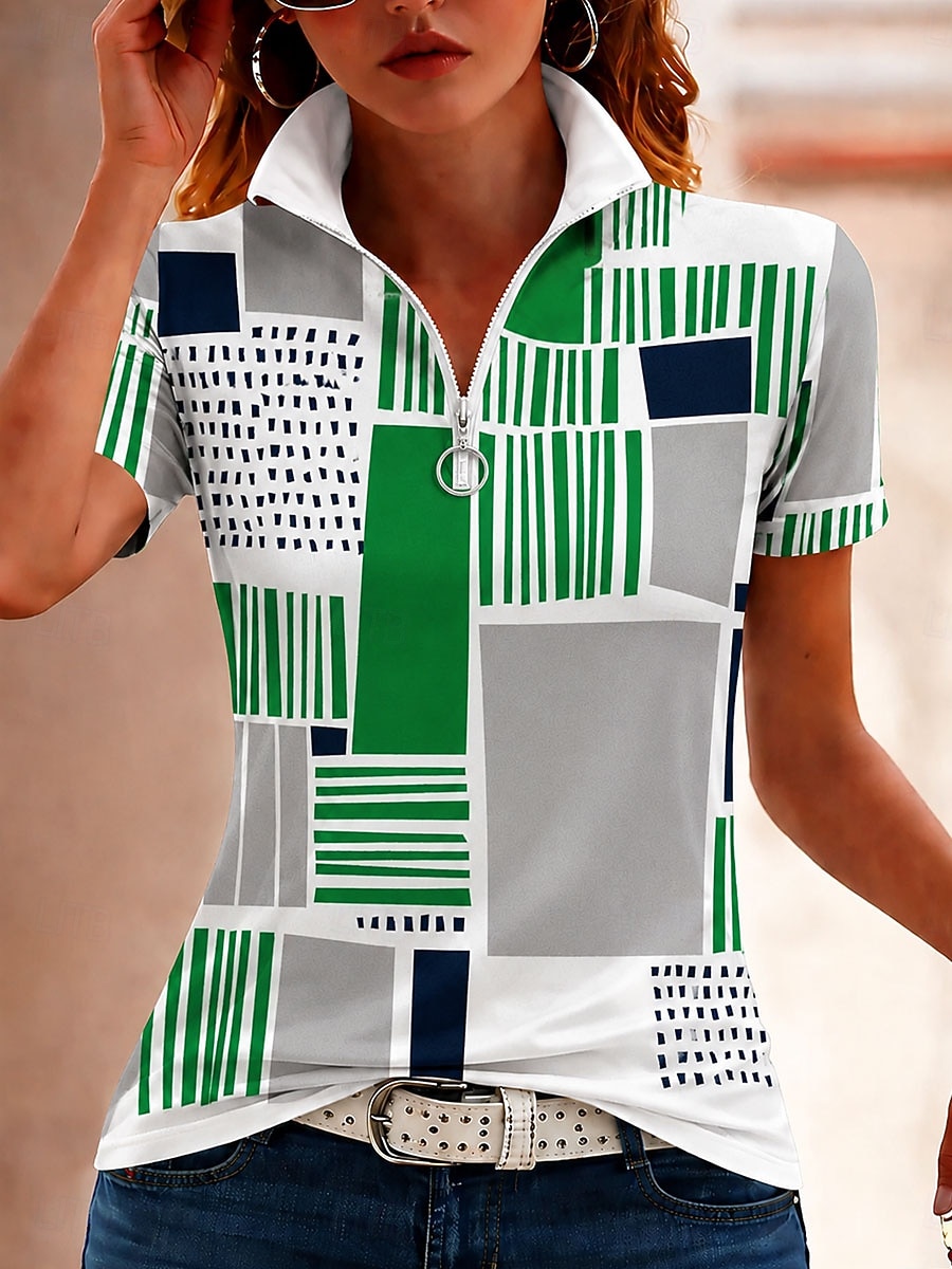 Damskie Podkoszulek Zamek Quarter Zip Prążki Graficzny Kolorowy blok Prążki Zabytkowe Elegancki Klasyczny Krótki rękaw Wysoki Zwykłe topy Ślub na plaży Codzienny Sport Niebieski Czarny Żółty Zielony 2026 - $25.99 –P1