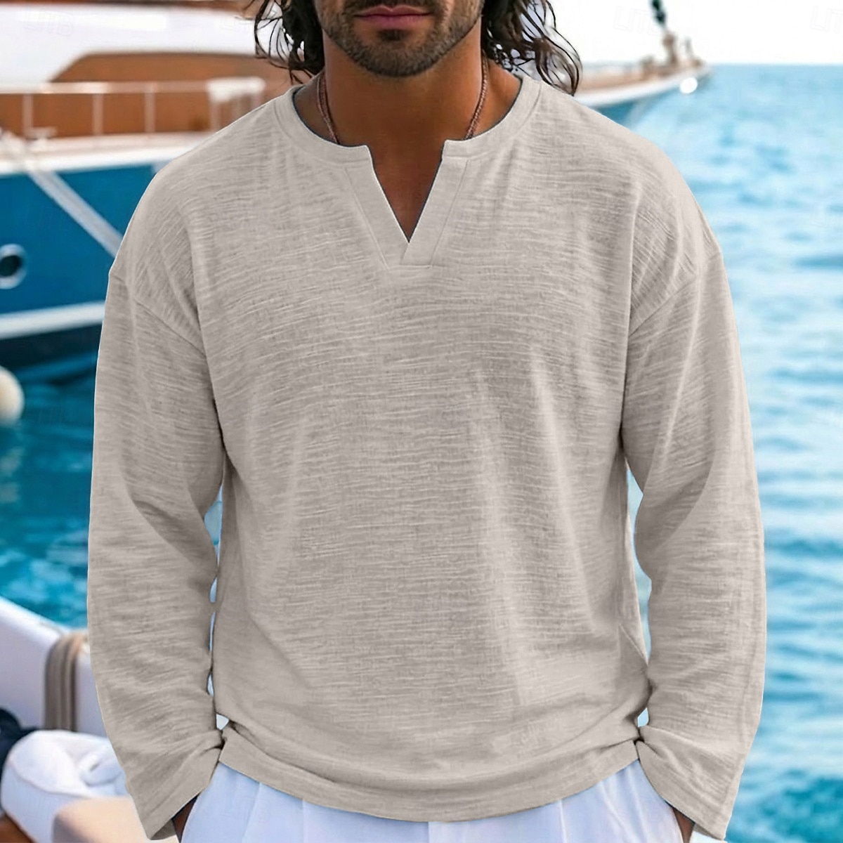 2026年 男性用 リネンTシャツ 長袖 Ｖネック ノッチ 春夏 夏 春 純色 平織り ヴィンテージ ボヘミアンスタイル カジュアル シースルー スリット カジュアル バケーション ストリート ブラック ホワイト ライトグリーン メンズトップTシャツ  コレクション – $20.99 –P4