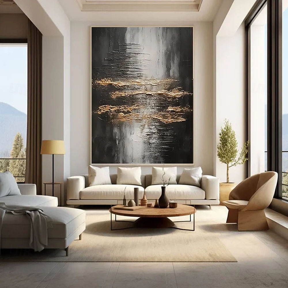 Grande peinture à l'huile faite main de style wabi-sabi, peinture murale noire et or, peinture texturée gris or, peinture abstraite minimaliste noire, art moderne, décoration murale de 2026 ? $118.99 –P4