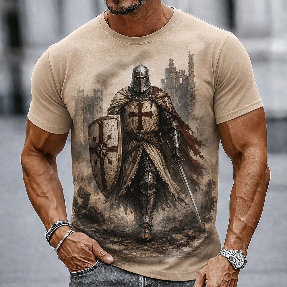 Bărbați Cavaleri Templieri Σταυρός Tricou Manșon scurt Tricou Tipărire 3D Stil Nautic Cămașă Religios Stradă Petrecere întunecată Maro Deschis Maro Kaki Toate Sezoanele Îmbrăcăminte S M L XL XXL XXXL 2026 - $19.99 –P1