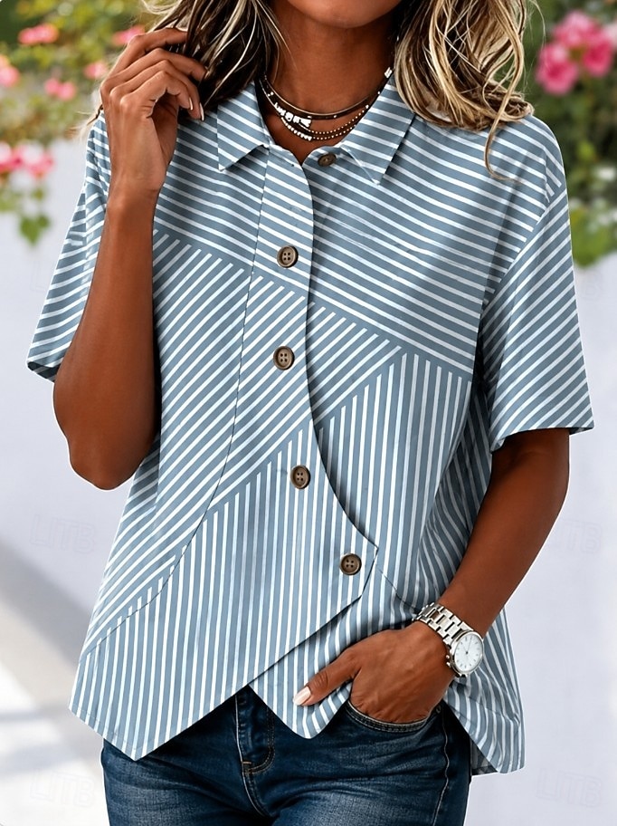 Women's Shirt Patchwork Striped Bohemia Vacation Daily Sleeveless Turndown Long Tops Casual Blue Black Yellow Pink Green Summer Spring 2026 - $32.99 –P2