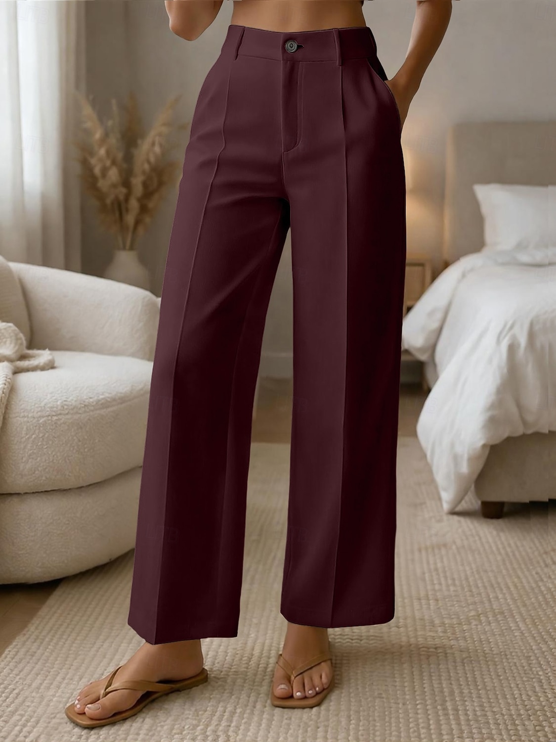 Mulheres Perna larga Calças Social Calça casual Moda Roupa de rua Básico Comprimento total Cintura Alta Tecido Bolsos Cintura elástica Confortável Sem Elasticidade Diário Escritório Férias Verde de 2026 por $10.99 –P16
