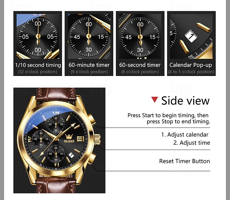 OLEVS Men's Luxury Watch Black Leather Strap Chronograph Waterproof Luminous Analog Quartz Wristwatch with Date Business Fashion Dress Watches for Men Gifts 2026 - $42.99 –P5