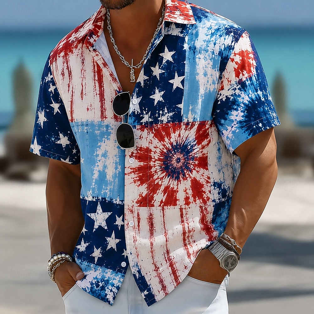 2026 250.º Camisa de Hombre con Estrella Tie Dyed y Bandera Americana Camisa de Verano Camisa de Botón Manga Corta Patriótica Festival al Aire Libre Verano Primavera Cuello Abierto Impresión 3D 2026 - $25.99 –P1