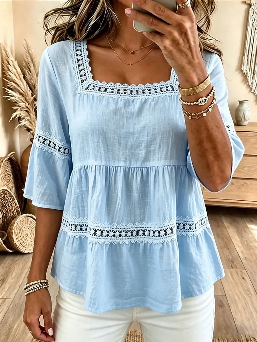 Women's Blouse Lace Trim Solid Color Vintage Stylish Classic 3/4 Length Sleeve Square Neck Regular Tops Casual Daily Blue White Pink Summer Spring 2026 - $33.99 –P2