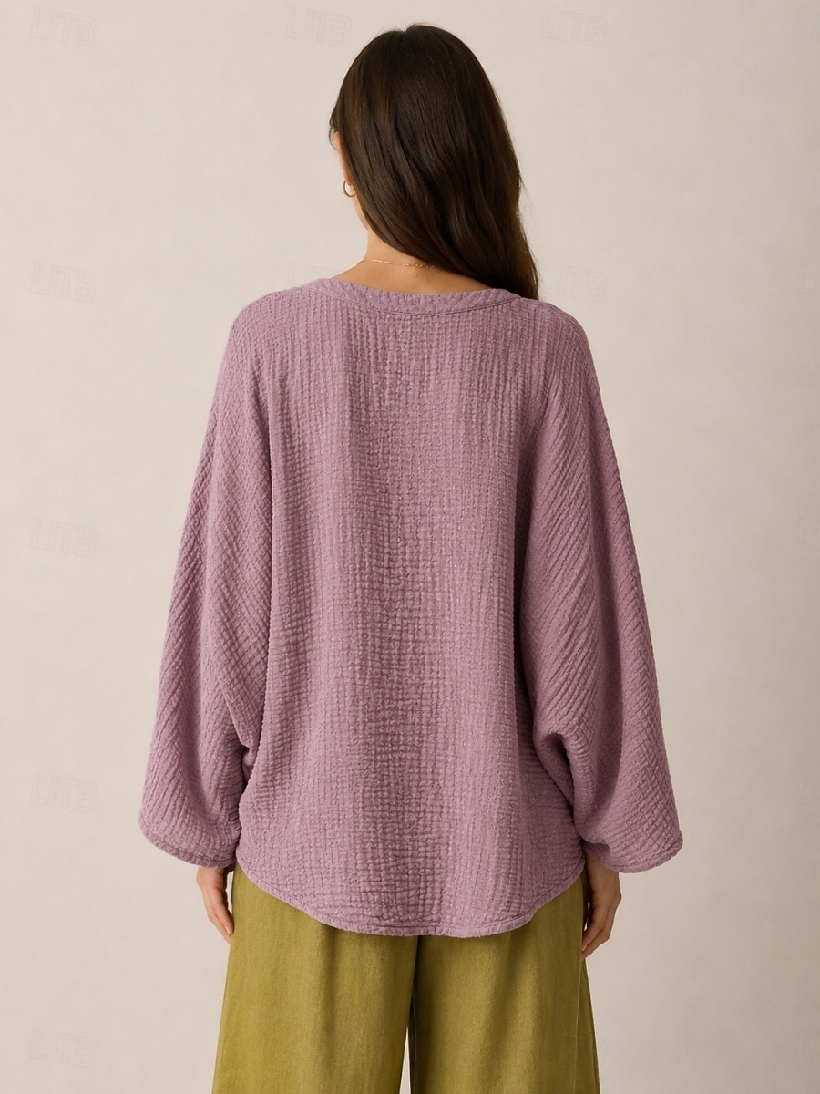 Leinenbluse für Damen mit langen Ärmeln, asymmetrischem Saum und V-Ausschnitt im Vintage-Stil, gelb, lila und beige, Herbst/Winter 2026 - $45.99 –P2