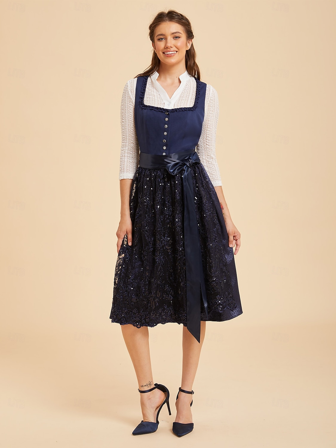 Oktoberfest Dirndl Dress Midi Length Sequins Embroidered with Pockets Balconette Neckline Maid Bavarian German Alpine Wiesn Women's Carnival Beer Festival Traditional Style Cloth Without Blouse (70CM) 2026 - $110.99 –P14