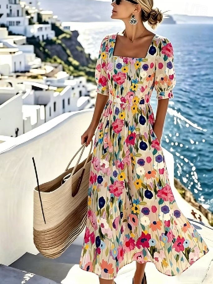Women's Midi Dress A Line Dress Vacation Beach Holiday Regular Fit Floral Graphic Half Sleeve Square Neck Light Pink Pink Beige Summer Spring 2026 - $49.99 –P2