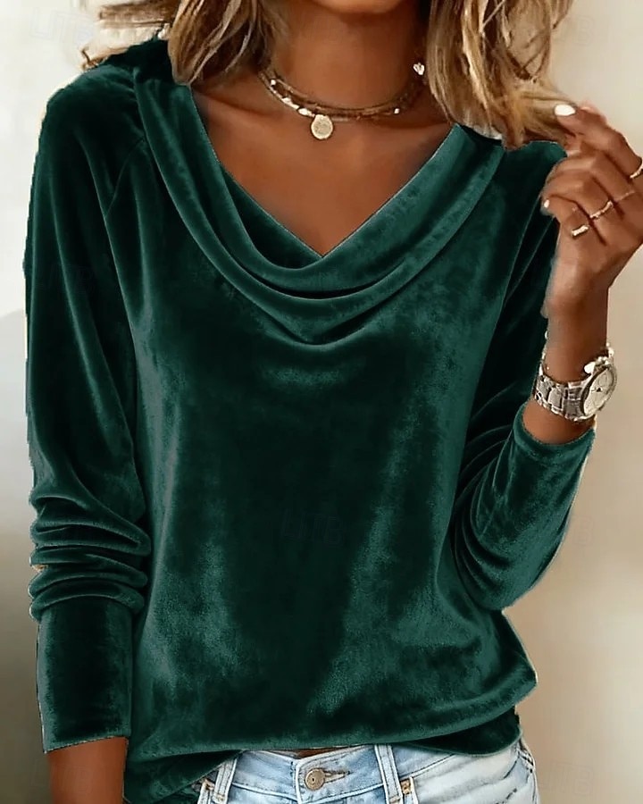 Damesblouse van fluweel met colkraag en lange mouwen, elegante raglanmouwen, zachte velours, casual, chique tuniek. 2026 - $24.99 –P6