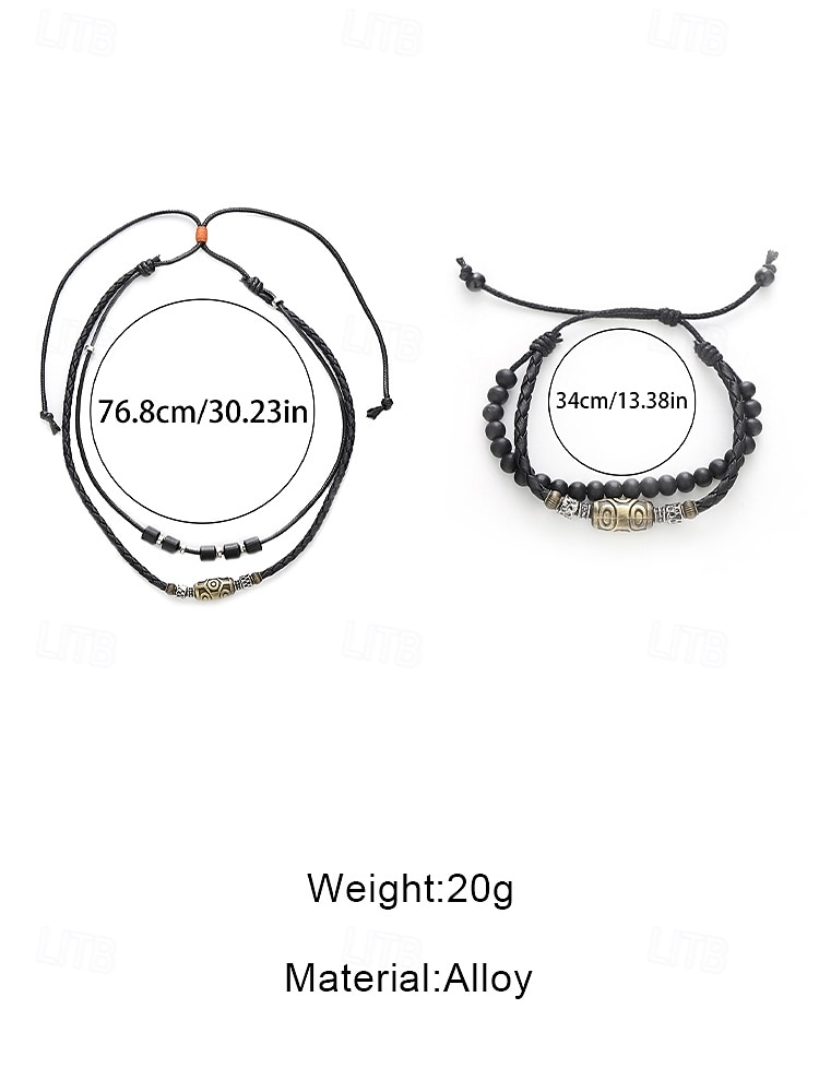 Men's Bohemian Necklace and Bracelet Set, Black Leather Beaded Jewelry, Antique Metal Accents, Summer Casual Accessory for Men, Perfect for Vacation, Festival, Daily Wear, Multiple Uses 2026 - $14.99 –P8