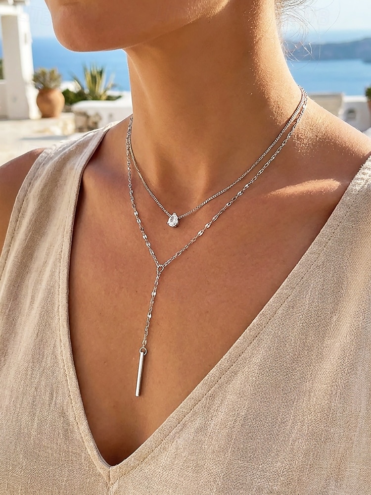 Women's Gold Silver Double Layer Bar Pendant Necklace, Minimalist Alloy Layered Chain Jewelry for Women, Elegant Everyday Necklace for Vacation, Work, Party and Gift 2026 - $7.99 –P2