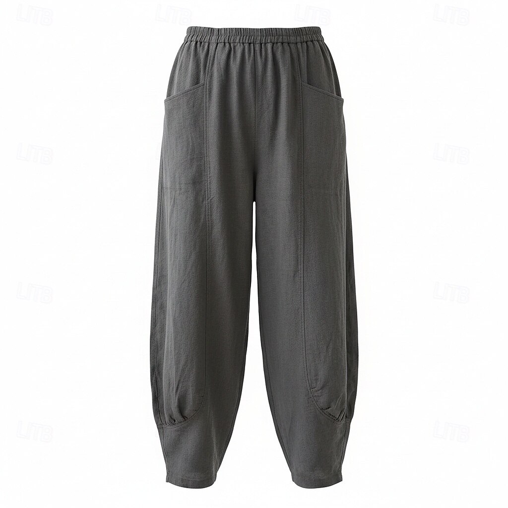 Pantalon large en lin pour femme, taille mi-haute, poches pleine longueur, ceinture élastique, couleur bordeaux et bleu azur, idéal pour les vacances de 2026 ? $49.99 –P14