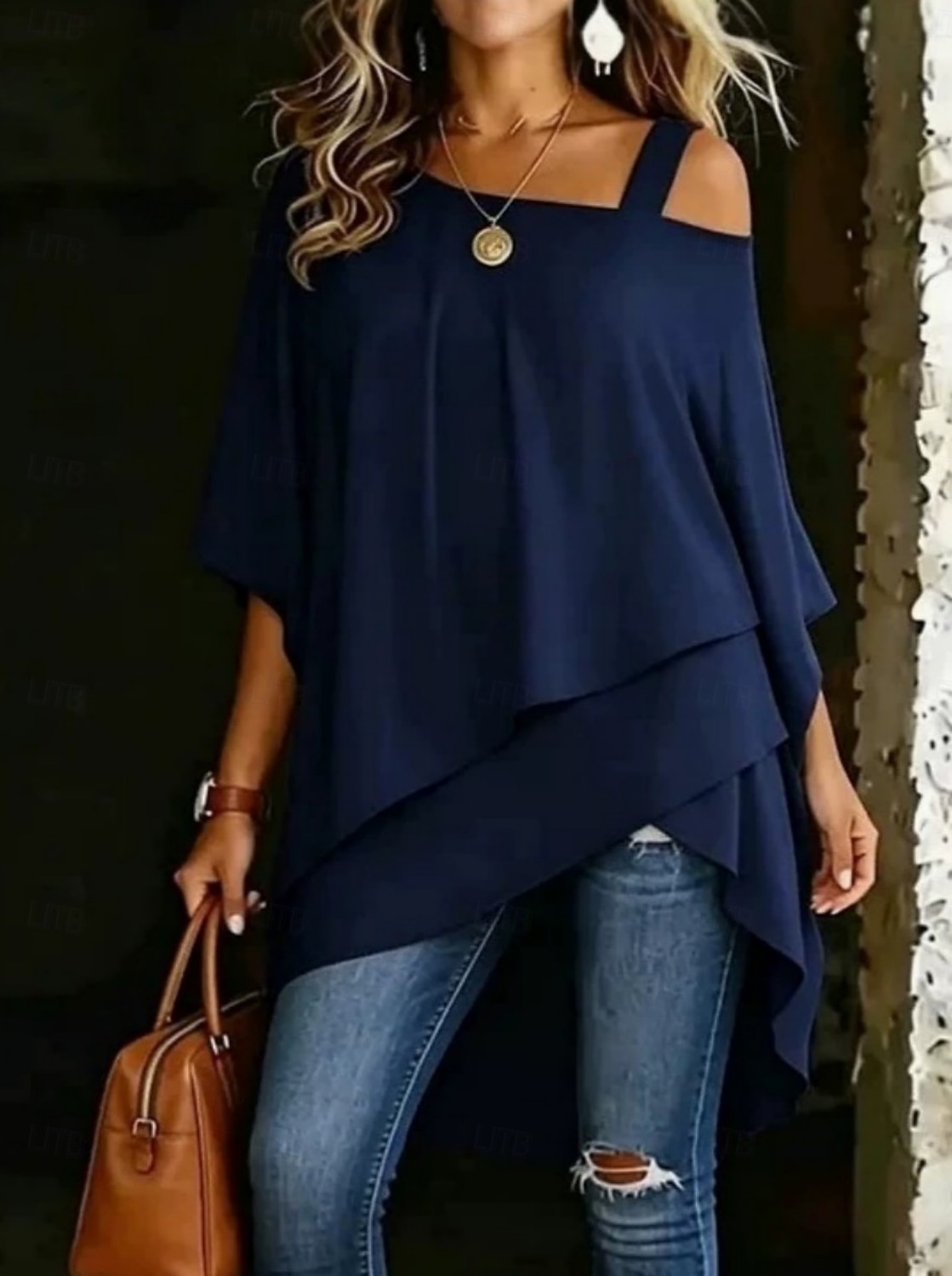 Per donna Maglietta Orlo asimmetrico Elegante Casual Manica Corta Manica a pipistrello Monospalla Top lunghi Quotidiano Uscire Abbigliamento da vacanza Bianco Nero Blu marino Azzurro Estate Primavera del 2026 a $25.99 –P4