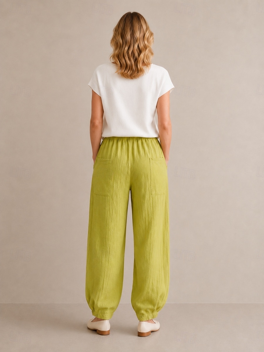 Pantalon bloomer en lin pour femme, taille mi-haute, longueur cheville, poche, ceinture élastique, idéal pour les vacances de 2026 ? $49.99 –P4