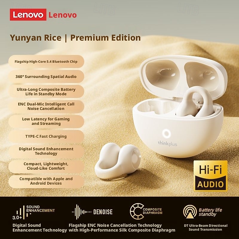 Lenovo ThinkPlus open-ear hoofdtelefoon, Bluetooth 5.4 draadloze clip-on oordopjes met luchtgeleiding, 360° ACS hifi stereo draadloze oordopjes met ENC ruisonderdrukkende microfoon, 24 uur 2026 - $35.99 –P10
