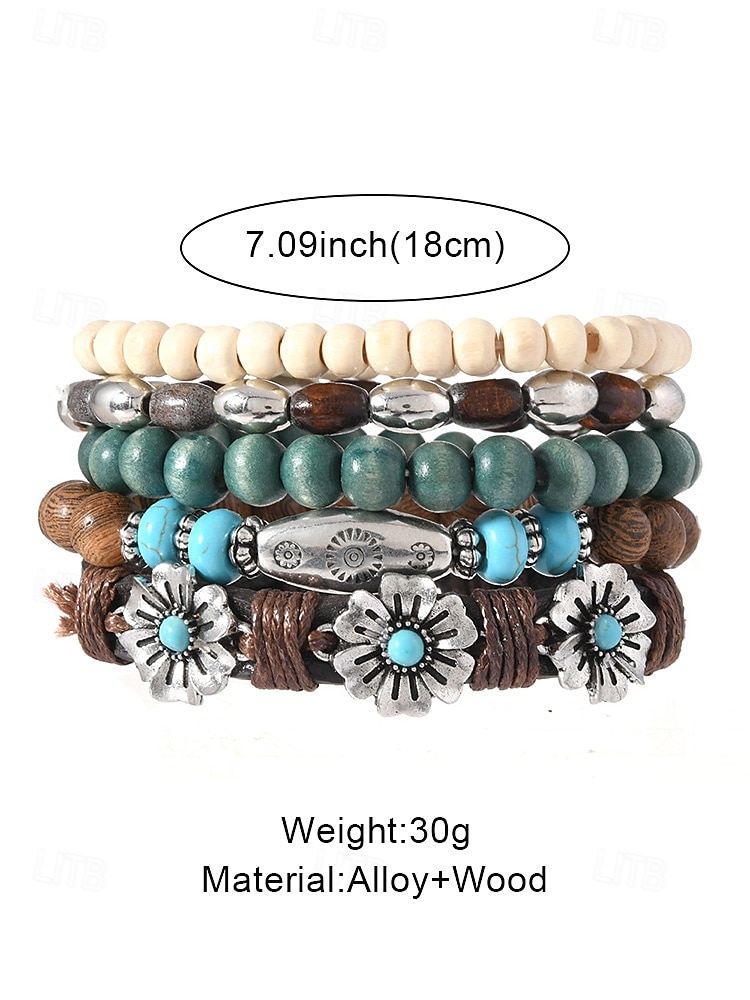 Women's Boho 5PCS Layered Bracelet Set, Alloy & Turquoise Stack Bracelets with Wood Beads and Leather Floral Cuff, Summer Vacation Jewelry Gift 2026 - $11.99 –P6