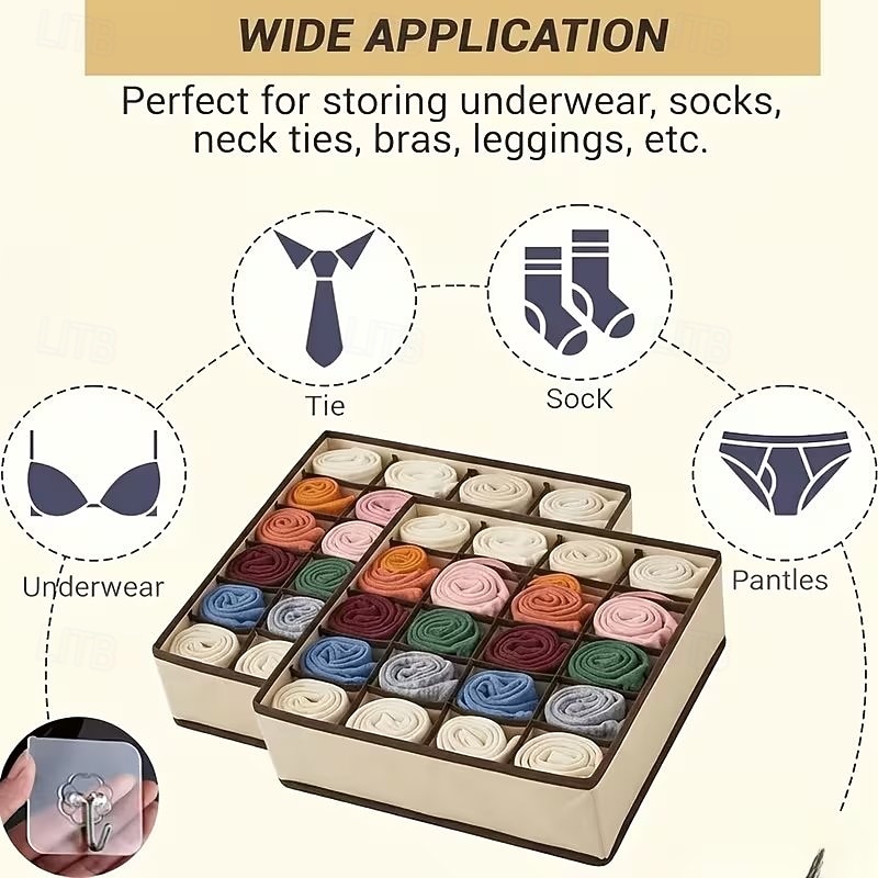Paquete de 2 organizadores de cajones plegables de 24 compartimentos con ganchos: caja portátil para guardar calcetines y ropa interior, ideal para cables y mandos a distancia. Solución de 2026 - $14.49 –P5