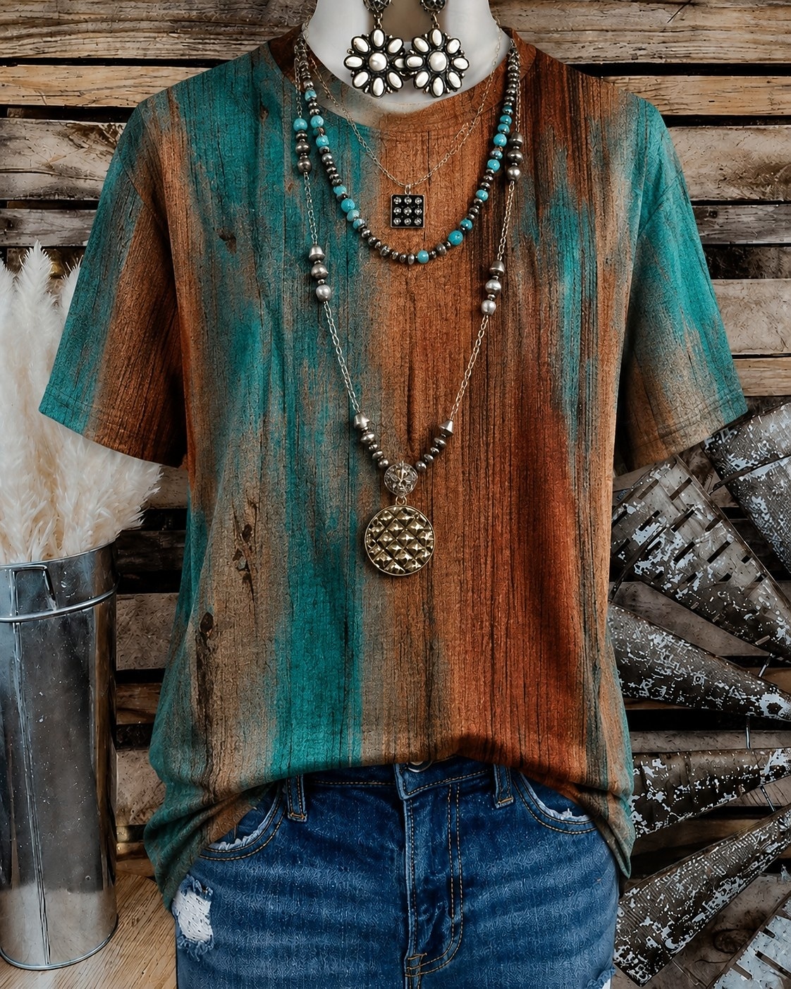 Camiseta de mujer estilo western boho con estampado floral, gráfico geométrico, vintage, elegante, informal, manga corta, cuello redondo, cuello en V, crop tops, casual, diario, fin de semana, verde 2026 - $21.99 –P1
