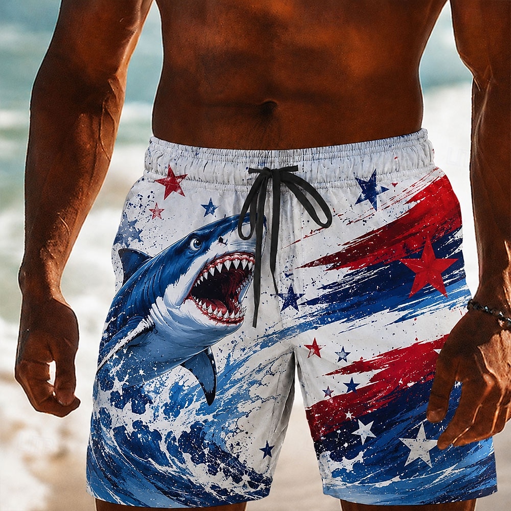 2026 250º Pantalones Cortos de Baño con Bandera Americana Tiburón para Hombre Trajes de Baño Pantalones Cortos de Playa Cortos de Media Cintura Patrióticos Diarios al Aire Libre Festival Bolsillos 2026 - $20.99 –P3