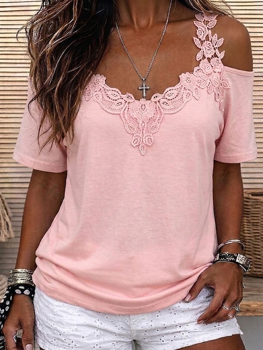 Mulheres Tops de renda Patchwork Tecido Vintage à moda Sensual Manga Curta Decote V Tops regulares Casual Diário Para Noite Branco Preto Rosa Azul Céu Outono Inverno de 2026 por $17.99 –P3