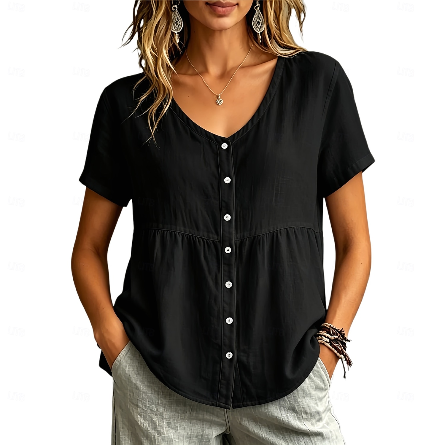 Dames Overhemd Blouse Lapwerk Knop Effen Kleur Elegant Casual Korte mouw Strakke ronde hals Normale tops Casual geel groen Zwart Wit Wijn Lichtgrijs Lente 2026 - $23.99 –P6